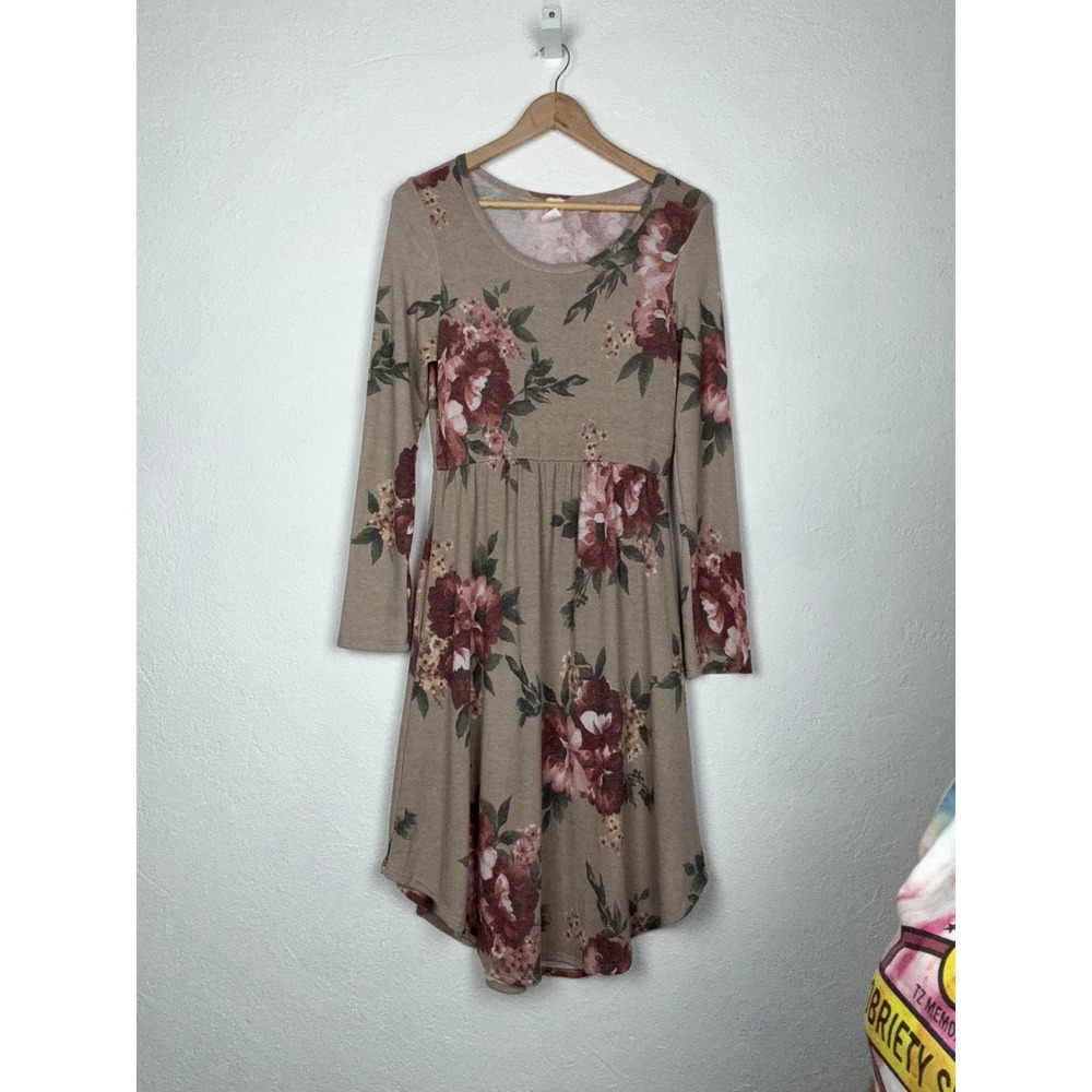 Floral Taupe Long Sleeve High-Low Dress - XL - Empire Waist Boho Romantic Casual